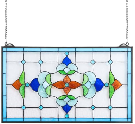 VEVOR Fönsterpanel i målat glas, 66 x 40 cm, hängande akterspegelfönsterpanel i Tiffany-stil med kedja, stort horisontellt rektangulärt fläckglas, vintage traditionella konsthantverk för kök