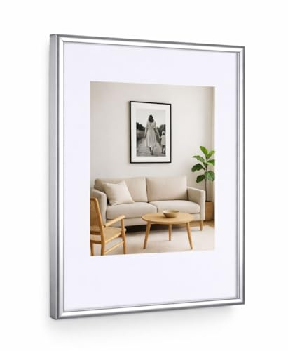 KM FOTO New Lifestyle Kunststoff Bilderrahmen mit Passepartout & Kunststoffglas Hoch- & Querformat: Farbe: Silber | Format: 30x40 | Pack: 1