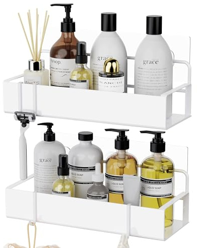 Orimade Duschablage ohne bohren Edelstahl,Duschregal mit 4 Haken,2 Stück Duschkorb für Shampoo und Duschgel,Selbstklebend, Weiß