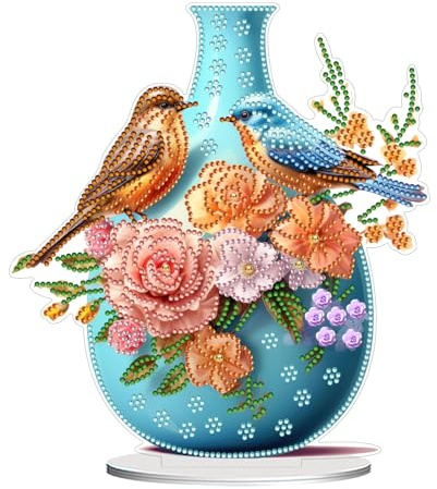 CAYUDEN Diamond Painting Office Decoration, DIY Flowers Blue Vase Shaped Crystal 5D Gem Paintings Standing Arts and Crafts Set, Table Top Diamond Art Kit Ornaments, Gifts Adult Room Decor