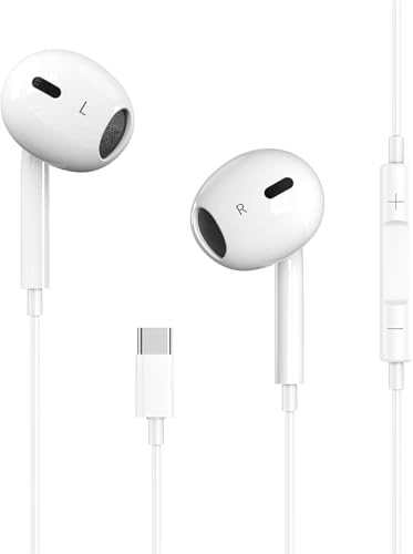 Snow-white USB C Headphones with Cable for iPhone 17/16/15 Pro Max/Plus iPad Pro, In-Ear Headphones with Type C Cable, Microphone, Volume Control for Samsung S23/S22/S21/S20/A53/A54
