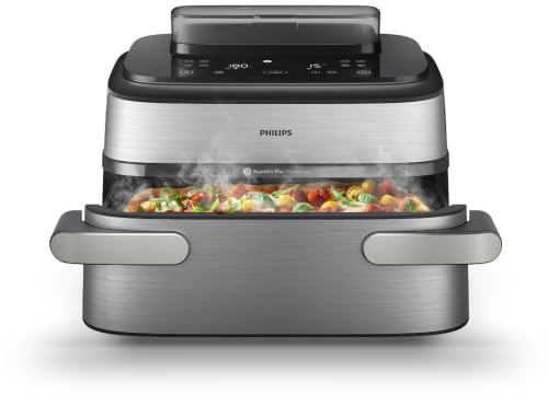 Philips Airfryer Serie 5000 con Maxi Capacità e Funzione Vapore – SteamFry, Vapore e Frittura ad Aria – 28 Programmi di Cottura, Doppio Scomparto 3L+6L, RapidAir Plus, SteamClean (NA565/00)