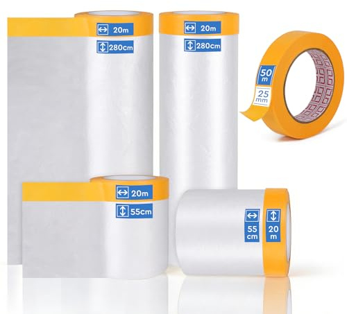 EFUTURETIME 4 Rouleaux de Bache Protection Peinture avec Ruban Masquage Adhésif 280 cm x 20 m x 1, 150 cm x 20 m x 1, 55 cm x 20 m x 2 de Film de Masquage et 1 Masking Tape 25 mm x 50 m