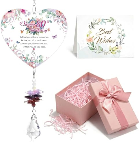 80th Birthday Gifts for Women Mum Grandma Nan, Heart Crystal Suncatcher Window Hanging Ornament with Gift Box and Card, 80th Birthday Keepsake Present for Her Auntie Wife Sister Friend