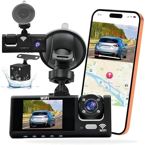 Cámara Dashcam 3 cámaras 1080P Full HD | Seguridad máxima 360° sin ángulo muerto, visión nocturna y estacionamiento vigilado, WiFi integrada detección de movimiento, ideal para conductor VTC