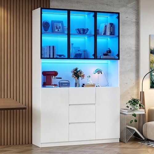 Dolamaní Vitrinenschrank Hochschrank 120×40×200 cm, Küchenschrank, Buffetschrank mit LED-Beleuchtete, Offenen Regalen, 3 Schubladen und 2 Türen, Glasvitrine, für Wohnzimmer, Esszimmer (Weiß)