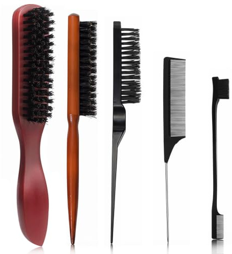 5 PCS Brosse Plaquage Cheveux, Brosse Poil De Sanglier Pour Femmes Hommes | Brosses a Chignon pour Plaquer les Cheveux pour le Nettoyage de la Barbe Cheveux Épais Ondulés Secs ou Abîmés