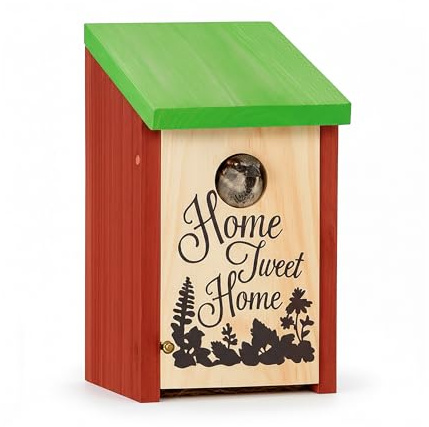 Relaxdays Nido artificiale uccellini HOME TWEET HOME legno, da appendere decorativo HLP: 21,5 x 12 x 15,2 cm rosso verde