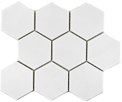 Mosaik Fliese Keramik Hexagon weiß glänzend für BODEN WAND BAD WC DUSCHE KÜCHE FLIESENSPIEGEL, Mattengröße: 256x295,5 = 0,08 qm, Steingröße: 95x110x6,5 mm - 1 Matte