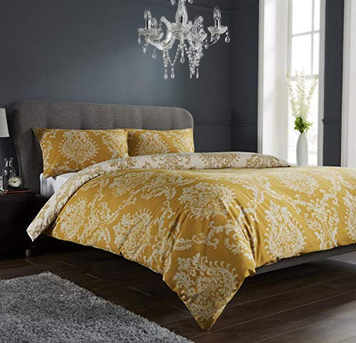 Olivia Rocco Royal Damask Duvet Cover Set Easy Care Quilt Covers With Pillowcases Cotton Rich Reversible Bedding Bed Linen Sets (Super King, Gold)
