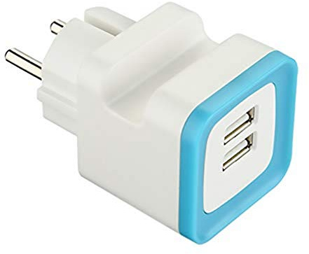 Electraline GummyLine 70073, Mini-Adapter mit 2 USB-Anschlüssen, 2,4A-Ausgang, mit Handyhalter, Schukostecker, Farbe Blau