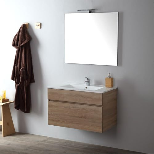 Kiamami Valentina Mobile Bagno Sospeso 80 Cm Quercia Naturale Serie Sole | Con lavabo in ceramica, specchio 80x60 cm, 1 cassetto soft-close, profondità 46 cm, stile moderno