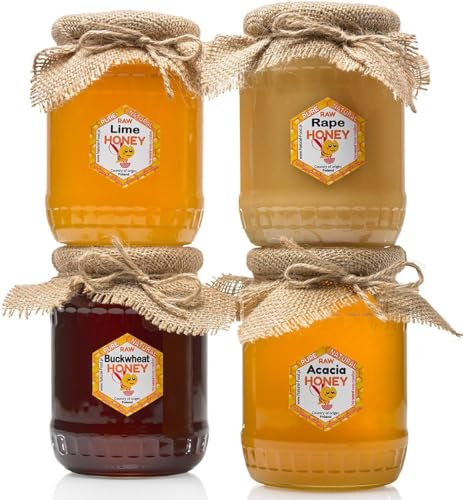 Miel brut | 4 kg | Miel de tilleul, sarrasin, acacia, miel de colza dans des bocaux en verre | Absolument pur, brut, naturel, non pasteurisé | Frais | Fabriqué par abeilles |