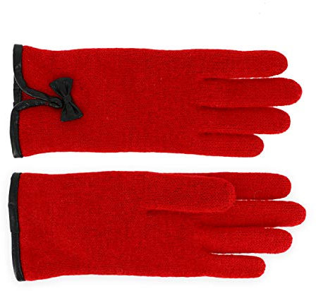 fiebig Walkhandschuhe mit Ledersaum und modischer Schleife| Fingerhandschuh aus gewalkter Wolle für Damen | Schurwollhandschuhe in vielen Farben (7,5-L, Rot)
