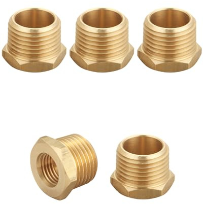 T TANYA HARDWARE Brass Hex Reducer Bushing Adapter, 1/2 NPT Male x 1/4 NPT Female, Fits Pressure Gauges & Air Distribution Systems, For Hard Line or Fixed Air Lines, Thread 0.75 OD to 0.5 ID, 5pcs