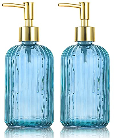 Vielseitiger Glas-Seifenspender-Flasche mit Pumpe, 500 ml, tropffreie Edelstahl-Pumpflasche, nachfüllbarer Flüssigkeits-Handbehälter, Spender für Badezimmer, Arbeitsplatte, Waschküche (blau, 2 Stück)