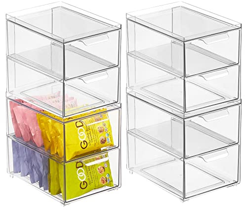 mDesign Schubladenbox mit 2 Schubladen – Stapelbox aus Kunststoff für Küchen- und Kühlschrank – Küchen Organizer für Snacks, Nudeln, Gemüse etc. – 4er-Set – durchsichtig