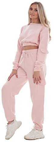 Ladies Cropped Plain Tracksuit 2 Pieces Round Neck Sweatshirts Cargo Joggers, Pink, L