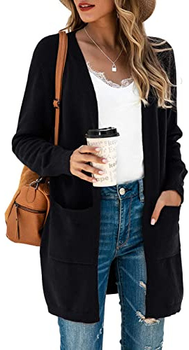 TASAMO Womens Long Cardigans Solid Color Comfy Ribbed Hem Office Work Duster(Small, Black)