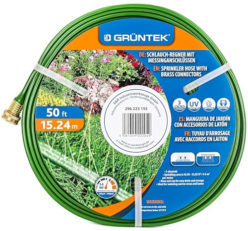 GRÜNTEK Irrigatore a tubo da 15,2 m – Sistema di irrigazione da giardino a risparmio idrico | 3 canali d'acqua e connettori in ottone per prato e aiuole