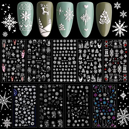 Kalolary Weihnachten Nagelsticker Selbstklebend, Weihnachten 5D Schneeflocken Aufkleber Harz Nagel Aufkleber French Nail Art Sticker Decals für Frauen Mädchen Abziehbild DIY Dekoration (9 Blatt)
