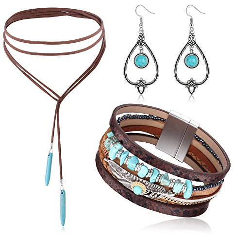 JeweBella Boho Vintage Turkos Hänge Halsband och Örhängen med Armband Manschett - Indianer Smycken för Damer