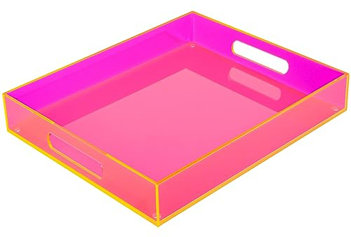 Großes Acryl-Serviertablett, dekoratives Ottoman-Couchtisch-Tablett mit Griffen, Dekoration, Lebensmittel, Tee, Obst, Abendessen, Snack, Vorspeisen, Mittagessen, Dessert, 43.2x33333 cm, Neonrosa