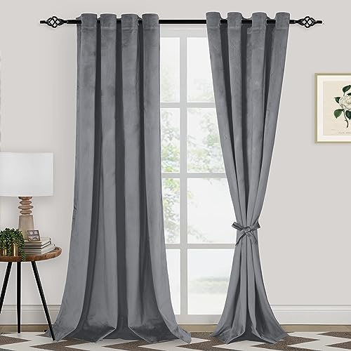 XWZO Grey Velvet Curtains 120 Inches Long 2 Panels - Blackout Grommet Window Drapes, Thermal Insulated Darkening for Living Room/Bedroom With Tiebacks, W52 x L120 Inches