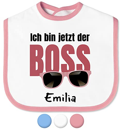 True Statements Baby Lätzchen „Ich bin jetzt der Boss“ mit Namen personalisiert für Mädchen & Jungen - mit Klettverschluss – Spucktuch Latz Kinderlätzchen – Baby-Geschenke Taufgeschenke