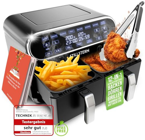 Stillstern Dual Zone Heißluftfritteuse 8L (für 1-8 Pers), 2400W, Ausgezeichnet 1,2 (Sehr Gut), 55-200°C, Shake-Funktion, 120 Rezepte (DEUTSCH), 8 Programme, Dörren, Auftauen&Warmhalten, Air Fryer