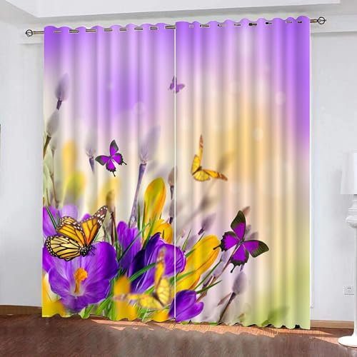 VULORA Kindervorhänge 3D Schmetterling Blickdichte Gardinen Blumen Natur Verdunkelungsvorhang mit Ösen für Jungen Mädchen Schlafzimmer Wohnzimmer Thermo Vorhänge 100x95cm(BxH), 2er Set