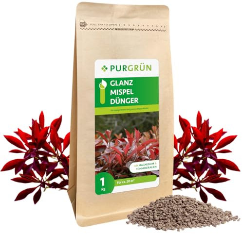 Purgrün® Glanzmispel-Dünger 1 kg – Organisch-mineralische Rezeptur – Feinkörniges Krümelgranulat – NPK 8+4+5 – Extra Magnesium für eine leuchtende Blattfärbung – Verbessert die Bodenqualität