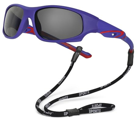 Hifot Polarisées Lunettes de soleil Enfant Anti UV400 Lunettes de Soleil Caoutchouc Flexible Lunettes de Sport pour 3-12 ans Garçon et Fille + Cordons à lunettes