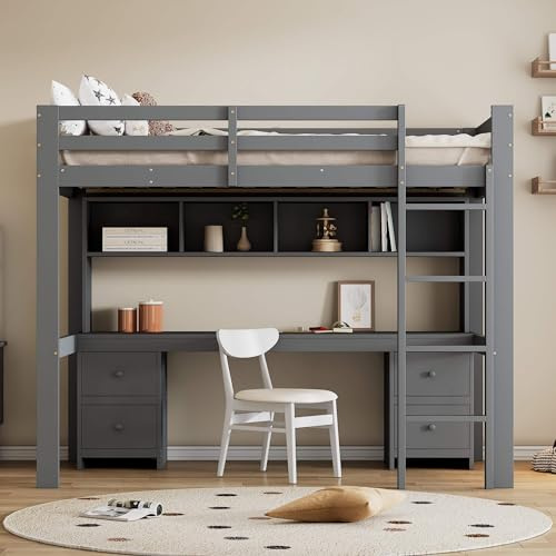 Kinderbett, Etagenbett 90x200cm mit Integrierter Schreibtisch und Ablagefach, Hochbett mit Vier Schublade und Rausfallschutz, Bettrahmen und Lattenrost aus Stabiler Massivholz, Ohne Matratze, Grau