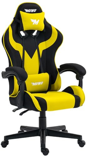 MUWO MystiX E-Sports Gamingstuhl, mit Verstellbarer Sitzhöhe und Rückenlehne, mit abnehmbarem Kopfkissen mit Stoffbezug, 5 Rollen und 360° drehbarer Computerstuhl (MystiX Gelb)