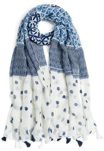 QIUTIMIY Schal für Damen, leichter weicher floraler Leoparden-Druckschal, Herbst, Winter, modischer Schal, Wickelschal mit Fransen, weiß/blau, 180 * 85cm