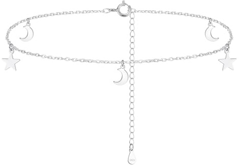 Kamise silver vristlänk för kvinnor, 925 sterling silver vristlänk armband, silver flexibel justerbar kedja kors hjärta stjärna måne fotlänk, vattentålig sommar barfota strand smycken ankel kedja