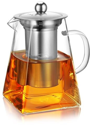 CNGLASS Glass Teapot with Infuser, 900ml/31oz Clear Glass Teapot with Removable Stainless Steel Strainer, Stovetop Safe for Blooming and Loose Leaf Tea