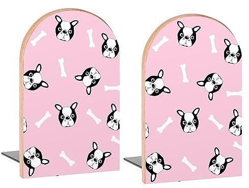 Boston Dog Buchstützen mit niedlichen Köpfen, dekorative Holz-Buchstützen für Regale, Zimmer, Schreibtisch, Heimbüro, Buchstopper für Zeitschriften, Bücher, DVDs, 2 Stück