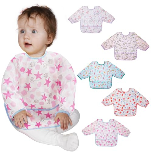 Lictin 5PCS Babero con Mangas Impermeable- Babero de Manga Larga,0-24 Meses