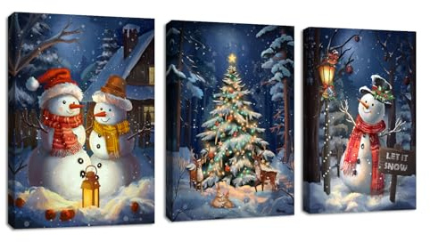 3 st blå jul atmosfär snö scen kanvas väggkonst söt snögubbe älg belysning nattbild bilder canvas tryck målningar för vardagsrum sovrum kontor redo att hänga sträckt på ram 30 x 40 x 3