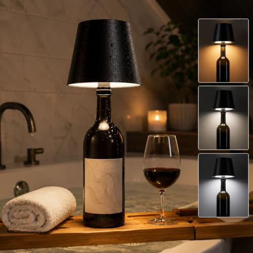 AIMARS Wireless Bottle Lamp, 3 Color Stepless Dimming Wine Bottle Lamp, LED Rechargeable Touch Control Wireless Bottle Lampshade for Bedroom, Restaurant, Bar (Black, 1-Pack)