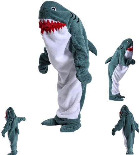 Hai Decke - Hai Tragbar Decke, Wearable Hai Hoodie Schlafen Tasche, Flanell Decke Hoodie Strampler für Adult & Kinder, Kapuze Shark Blanket mit Ärmeln, Weich Gemütlich Cosplay,Green-XL