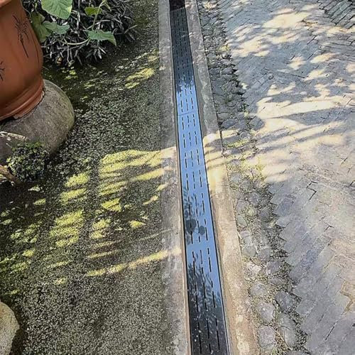 Canaleta Desague con Rejilla Zanja de Drenaje Exterior Negra de 1 M de Largo con Tapa, Canal de Drenaje de Acero Inoxidable para Bloquear Los Desechos, Filtros de Drenaje de Lluvia para Huertos(W10cmx