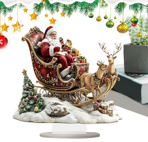 Weihnachtsmann und Schlitten mit Rentier, 25 cm, Weihnachtsmann-Schlitten, Tischdekoration, Weihnachtsmann und Rentier, Schlitten, Acryl mit Standschild, Acryl-Weihnachtsmann-Ornamente
