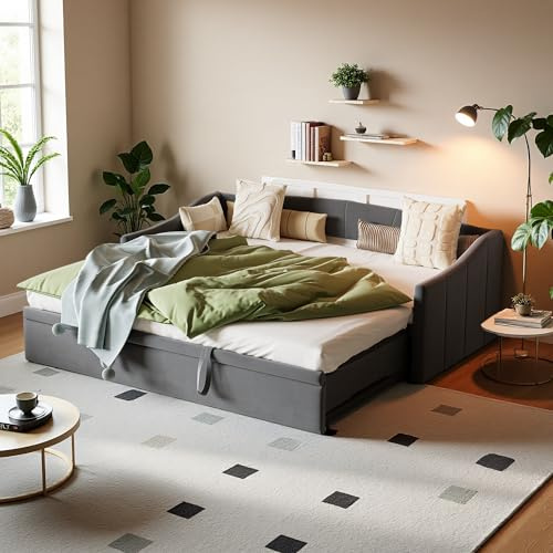 PerGar Polsterbett Kinderbett 90x200 cm, Ausziehbares Schlafsofa mit Lattenrosten aus Holz, Multifunktionsbett Tagesbett, Sofabett Jugendbett Bettgestell, Samtstoff, Grau, Ohne Matratze