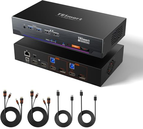 TESmart 8K@60Hz Displayport HDMI KVM Switch Dual Monitor, USB 3.0 HDMI 2.1 DP 1.4 KVM Umschalter 2 PC 2 Monitor, Für 4K 144Hz Gaming, EDID Gigabit Netzwerk VRR HDR Dolby Vision Hotkey Switch, 4 kabel