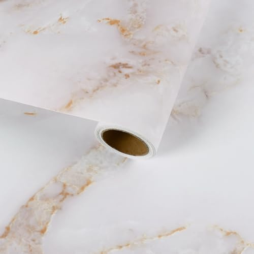 VaryFloral White Gold Self Adhesive Wallpaper 30cmx1000cm Matte Marble Sticky Back Vinyl Marble Effect Self Adhesive Vinyl Thickened Texture Contact Paper Waterproof Kitchen Worktop Covering Drawer