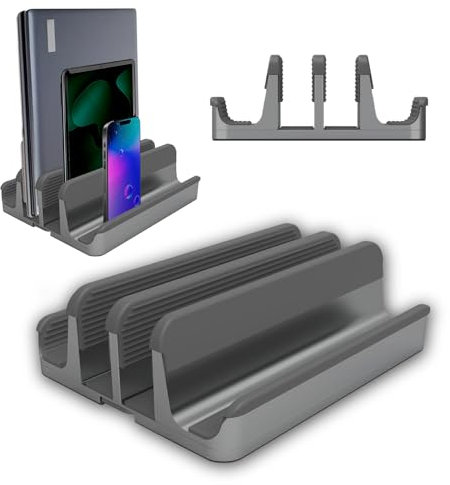 Elestoria 4 - Slot Vertical Laptop Stand - Aluminum Laptop Stand Vertical for Desk - Fits MacBook Pro/Air, Surface, Mobiles & Gaming Laptops up to 17.3 - Heavy Duty Laptop Holder for Desk - Grey