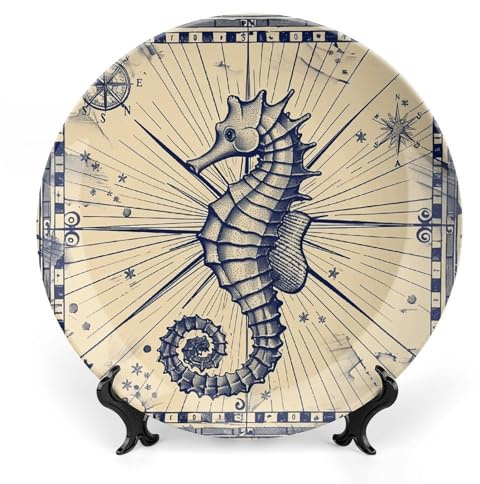 Rkklvbns Piatti decorativi in stile antico stile nautico da 17,8 cm, piatti piani in ceramica Bone China Piatto decorativo con espositore Piatti da dessert per casa ufficio decorazione da parete